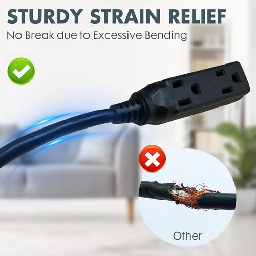 6 Ft Black Flat Plug Extension Cord with 3 Outlets, 16 Gauge Heavy Duty - color: Black, size: 6 FT