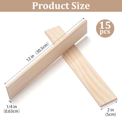 Wooden Dowels for Crafts, Wood Strips Trim Wood Slats Planks for Wall 1/4" × 2" × 12", 15 PCS Dowel Rods Wooden Sticks for Crafts, Unfinished Hardwood Sticks Flat Lumber Boards for Woodworking - size: 1/4x2x12 in - 15PCS