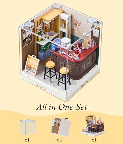 Relax Bar Super Miniature House Kit - DIY Plastic 3D Model Building Set for Teens, Build Your Own Mini Bar Scene with Dustproof Case, Creative Craft Gift for Girls Women - color: Relax Bar, size: Small