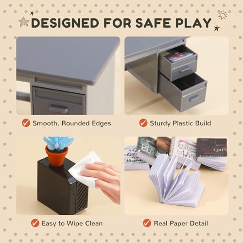 1:12 Scale Mini Desk Set with 100 Mini Books & 2 Bookshelves — Miniature Dollhouse Furniture Set with Office Chair, Computer & 15+ Accessories — Mini Desk Accessories for Doll House Diorama - color: Vintage Brown