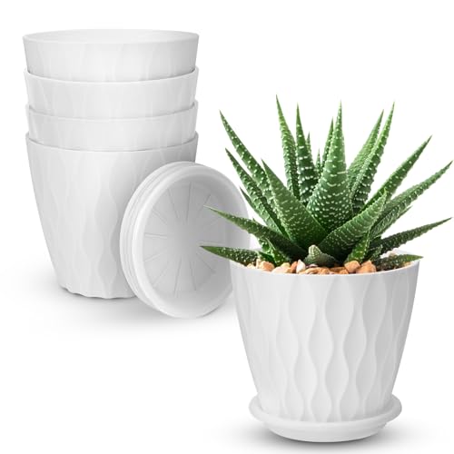 YNNICO 4 inch Plant Pots for Indoor with Drainage Holes and Tray Saucers - color: White, size: 4 inch