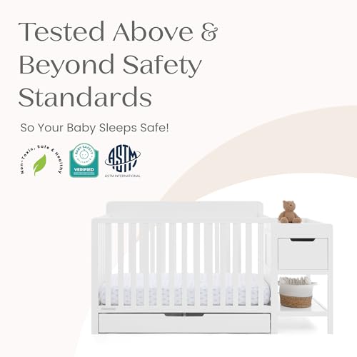 Delta Children Maya 5-in-1 Convertible Crib and Changer with Storage, Converts to Toddler Bed, Daybed, Sofa & Full Bed, Greenguard Gold Certified, 3 Mattress Heights for Baby, Bianca White - color: Bianca White