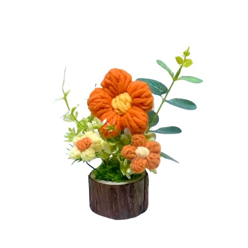 Handmade Crochet Puff Flowers with Wooden Base for Women Office Deck Decora - color: Orange Puff