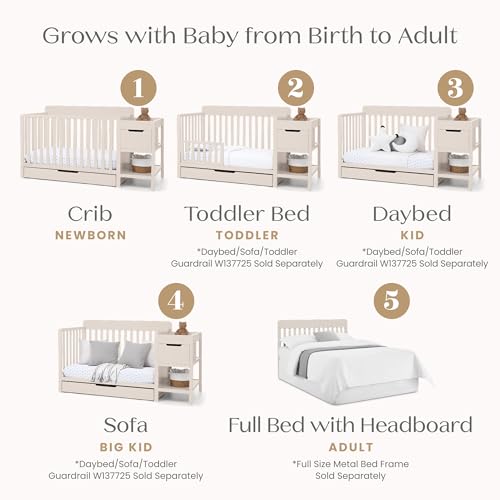 Delta Children Maya 5-in-1 Convertible Crib and Changer with Storage, Converts to Toddler Bed, Daybed, Sofa & Full Bed, Greenguard Gold Certified, 3 Mattress Heights for Baby, Soft Beige - color: Soft Beige