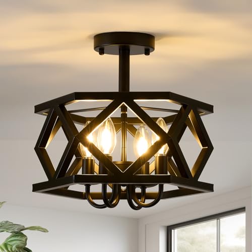 Black Semi Flush Mount Ceiling Light, Modern Foyer Lighting Fixture, 4-Light Metal Ceiling Lamp, Small Farmhouse Chandelier for Hallway Entryway Porch Bedroom Kitchen, E12 Base - color: Black