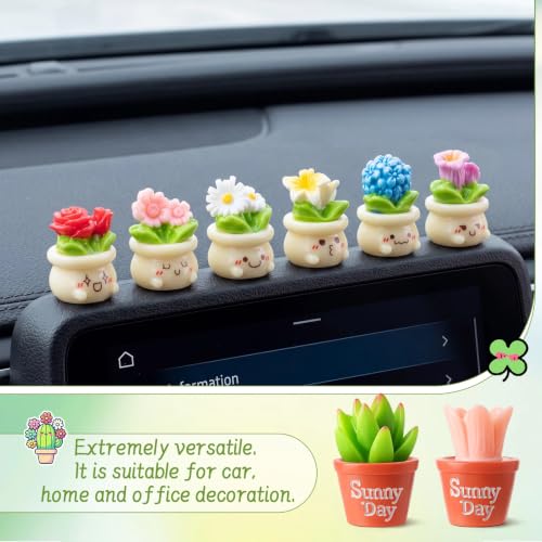 Ripeng Set of 8 Car Dashboard Decorations Flowers Cute Car Accessories for Women Mini Flower Pot Vehicle Interior Decor with Double Sided Tape for Rearview Mirror Dashboard - style: Elegant