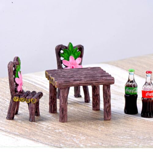 Miniature Table and Chair Decorative Set Rustic Style Square Table with Two Chairs for Garden Patio Arrangement Outdoor Landscape Accent and Yard Display Decoration