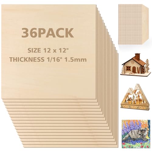 Adrattnay 36Pcs Basswood Sheets 1/16 x 12 x 12 inch - 1.5mm Basswood Sheets - color: 36PCS