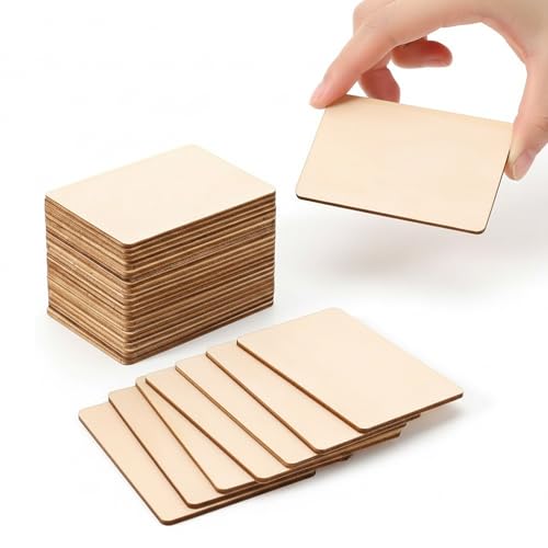 100 Pcs Unfinished Wood Pieces Blank Wood Squares Round Corner for Painting Writing Carving Letter Scrabble DIY (2.08” x 1.37” Rectangle) - color: Wood color