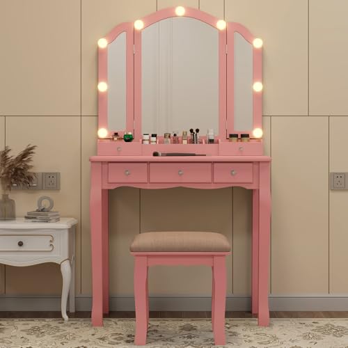 Pink Vanity Desk With Mirror And Lights For Girls Makeup Vanity Desk With Chair Vanity Table And Stool Set With 5 Storage Drawers 3 Colors Lighting Modes Tri Fold Vanity Mirror Lighted Vanity - style: Pink