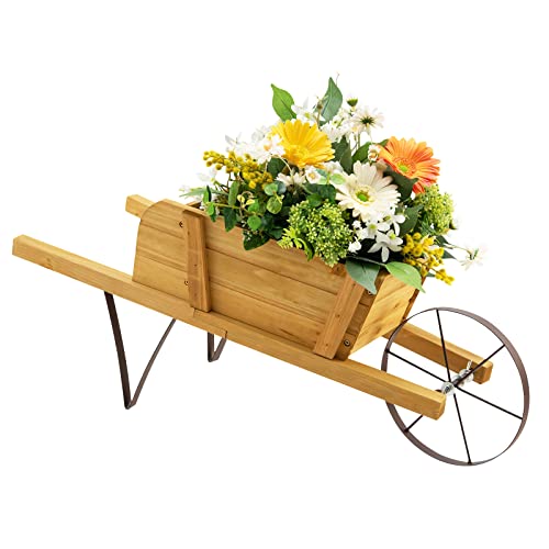 S AFSTAR Wood Wheelbarrow Planter, Flower Plant Pot Cart w/Metal Wheel & 9 Replaceable Magnet Accessories, Wooden Wagon Planter Decor for Outdoor Garden Backyard (Natural) - color: Natural