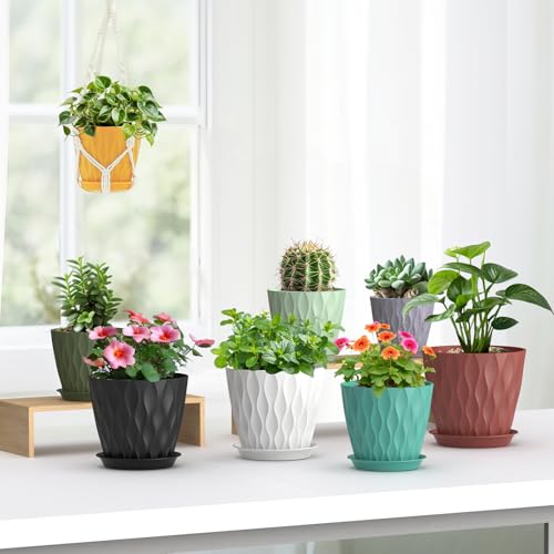 Meowell 7/6.5/6/5.5/5/4.5/4 inch Plant Pots for Indoor Outdoor Plants, 7 Pack Thick Flower Pots with Drainage Holes and Saucers, Modern Wave Texture Plastic Planter Pots for Nursery, Succulent, Black - color: Black, size: 7+6.5+6+5.5+5+4.5+4 inch 7 pieces