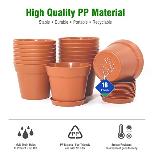 WOUSIWER 16 Pack 6 inch Plastic Planters, Plastic Indoor Planter Flower Pots, Heavy Duty and Stylish 6 Inch Plant Pots for Indoor Plants with Drainage Holes and Tray for Plants, Flowers, Terracotta - color: Red