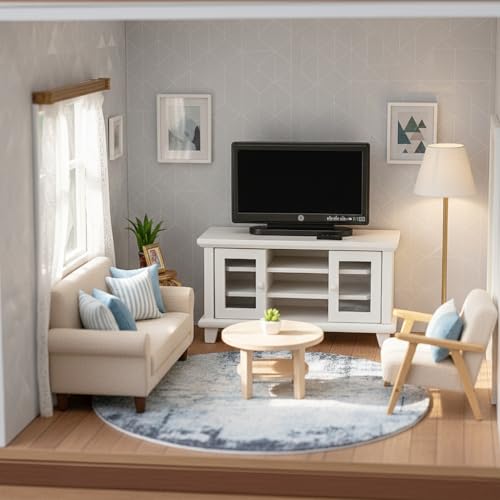 Dollhouse TV Stand with Television and Remote, 1/12 Scale Mini Miniature Furniture Accessories, White Wooden Cabinet Model for Living Room & Home Decoration, Tiny Decor Gift Set for Hobby Handcraft
