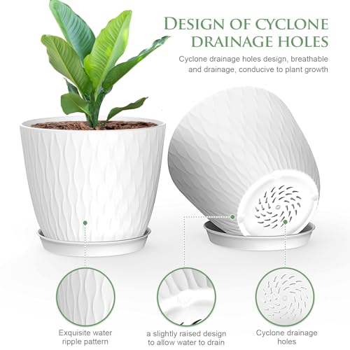 WSMKSZ 6 inch Flower Pots, 5 Pack Plant Pots with Drainage Holes and Saucers for Indoor Plants, Plastic Planters with Water Ripple for Small Garden House Plants, Nursery Pots for Succulent, White - color: White, size: 6inch 5pcs