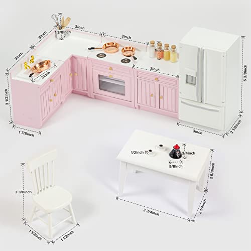 Wooden Dollhouse Furniture Set - Miniature Dollhouse Furniture 1 12 Scale for Dollhouse Kitchen - Doll House Furniture Toys Incl Kitchen Cabinets, Dining Table, Refrigerator and Others (Pink) - style: Pink Deluxe Kitchen Set