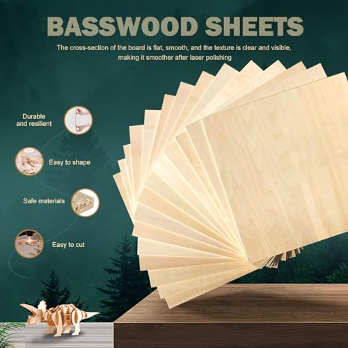 24 Pack 12"x12"Basswood Sheets 1/8",3mm Basswood for Laser Cutting,3mm Plywood Unfinished Wood Craft Wood for DIY Ornaments and Models Drawing Painting Engraving Wood Burning and Laser Cutting