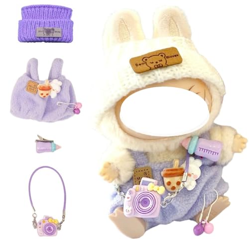 Clothes for LABUBU 17cm Doll (NO Doll),Outfit for LABUBU,Dress and Hairpin Set for LABUBU Dress Up,Accessories for LABUBU - color: Purple Bear