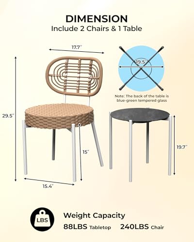 GarveeLife 3 Piece Wicker Patio Bistro Furniture Set, Outdoor Dining Chairs, Includes 2 Rattan Chairs and Tempered Glass Table, for Garden, Backyard, Balcony, Apartment (White & Brown) - color: White & Brown