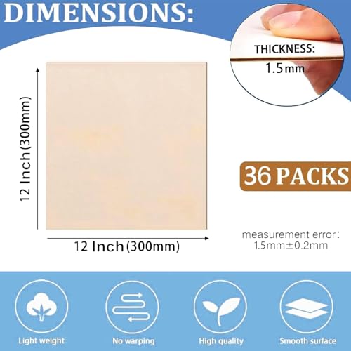 36 Pack Basswood Sheets for Crafts 12x12x1/16 Inch, 1.5mm Thick Unfinished Balsa Wood Sheet for Laser Cutting & Engraving, DIY Ornaments and Architectural - size: 12x12x1/16