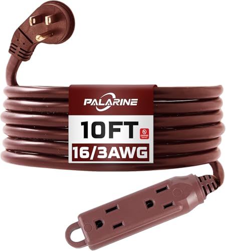10 Ft Brown Flat Plug Extension Cord with 3 Outlets, 16 Gauge Heavy Duty - color: Brown, size: 10 FT