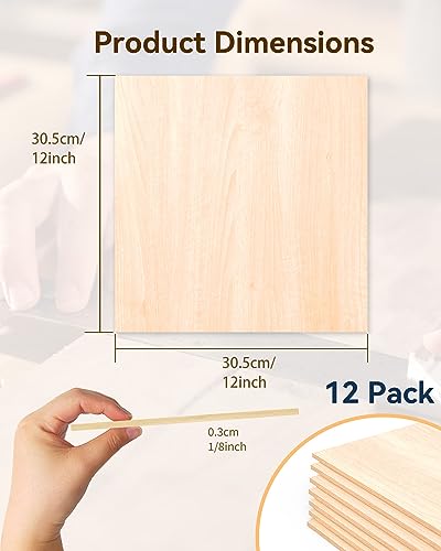 12 Pack Basswood Sheets for Crafts-12 x 12 x 1/8 Inch- 3mm Thick Plywood Sheets with Smooth Surface-Unfinished Craft Wood Boards for Engraving and Cutting, Architectural Models, Staining - color: Basswood Sheets 12 Pack 12" X 12" X 1/8"