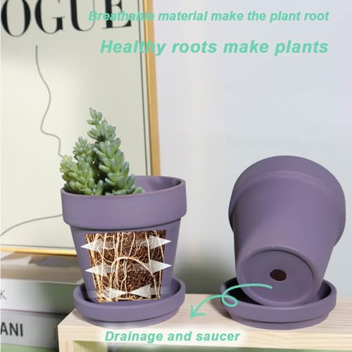 vensovo 4 Inch Purple Terracotta & Clay Pots with Saucer, 6 Pack - color: Purple