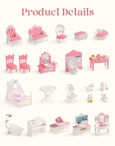 ROBUD Dollhouse Furniture, Pink Doll House Accessories and Furniture for Dining Room, Bathroom, Bedroomn,Living Room, Dollhouse Accessories Pretend Play Furniture Toys for Kids, WDHXX
