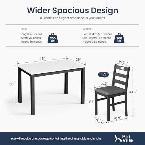 PHI VILLA Dining Table Set for 4, Marble Design Kitchen Table and Chairs - color: Venatino White Marble&gray