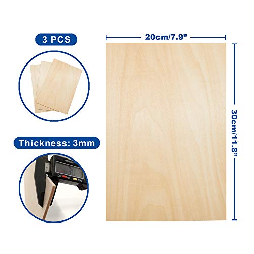 CRAFTIFF Plywood Board Basswood Sheets 1/8 inch, Thin Natural Unfinished Wood for Crafts, Hobby and Model Making – 3mm Pack (3pcs (300x200mm))