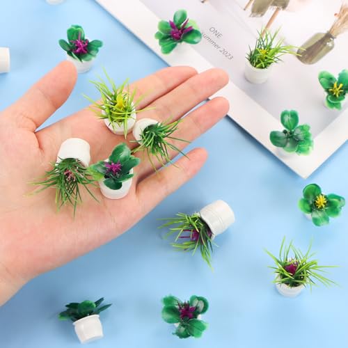 16pcs Miniature Garden Plant Set White Potted Plants Tiny Flower Vase Bouquet Fairy Accessories Mini Artificial Plant Pots Floral Figurines