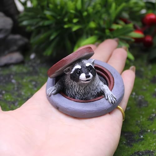 Miniature Raccoon Garden Statue, Fairy Decor with Manhole Cover Design, Cute Raccoon Figurine for Outdoor Plant Pot, Tiny Fairy Garden Accessories, Gift for Mom Grandma Girls Boys - color: Miniature Raccoon