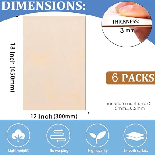 6 Pack Basswood Sheets for Crafts 12x18x1/8 Inch, 3mm Thick Unfinished Balsa Wood Sheet for Laser Cutting & Engraving, DIY Ornaments and Architectural Model - size: 12"x18"x3mm