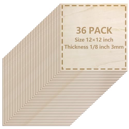36 Pack Basswood Sheets 1/8 inch, 3mm Basswood for Laser Cutting, 12 x 12 inch Wood Slabs for Crafts, DIY Architectural Models Making, Wood Engraving, Staining
