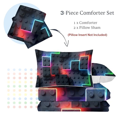 BlessLiving King Comforter Set Neon Geometric Bedding Set Modern Gaming Style Black Microfiber Comforter RGB Glow Design Cool Bed Set for Bedroom Dorm - color: Cool Building Blocks, size: King