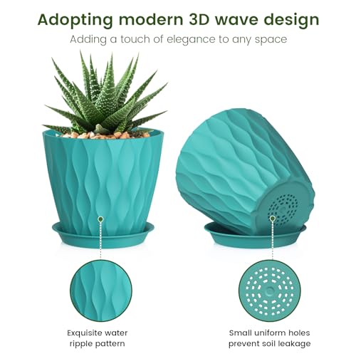 Meowell 5 inch Plant Pots for Indoor Outdoor Plants, 6 Pack Flower Pots with Drainage Holes and Saucers, 3D Modern Wave Texture Small Plastic Planter Pots for Nursery and House Plants, Blue Green - color: Blue Green, size: 5 inch 6 pieces