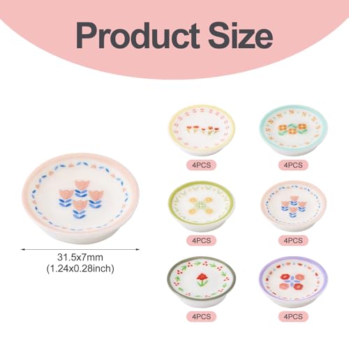 FASHEWELRY 24Pcs Mini Plates Dollhouse Miniature Accessories Resin Plate with Flower Pattern Playhouse Dishes Kitchen Tableware Models for Micro Landscape Decoration Pretend Kitchen Play Game - color: Round Plate With Floral