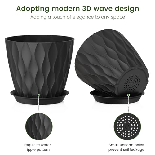 Meowell 7 inch Plant Pots for Indoor Outdoor Plants, 5 Pack Thick Flower Pots with Drainage Holes and Saucers, 3D Modern Wave Texture Plastic Planter Pots for House Plants, Black - color: Black, size: 7 inch 5 pieces