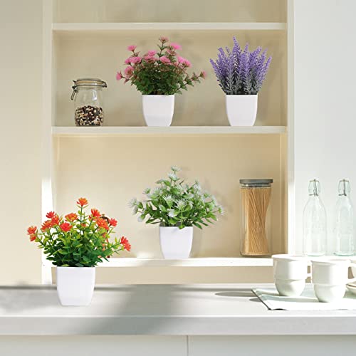 Yoratee Artificial Potted Flowers 4PCS Fake Small Plant in Pot Mini Faux Plant Door House Office Tabletop Kitchen Colorful Greenery Decor - color: A-colorful-4pcs
