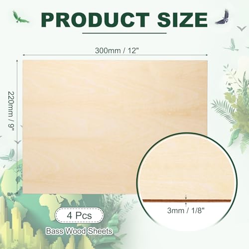 HARFINGTON 4pcs 3mm Basswood Plywood Sheet 12"x9"x1/8" Thin Plywood Board - size: 12"x9"x1/8"(3mm Thick)