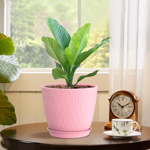 WSMKSZ 6 inch Flower Pots, 5 Pack Plant Pots with Drainage Holes and Saucers for Indoor Plants, Plastic Planters with Water Ripple for Small Garden House Plants, Nursery Pots for Succulent, Colorful - color: Colorful, size: 6inch 5pcs