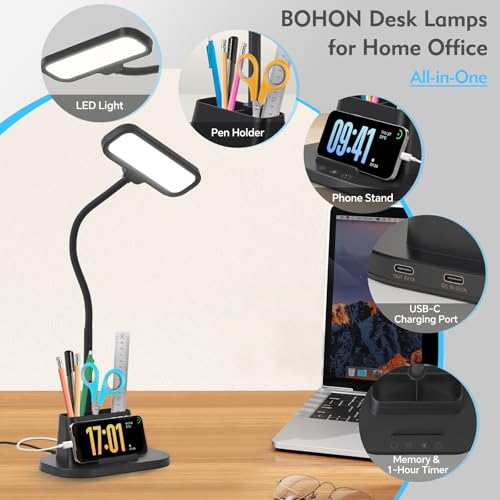 BOHON Desk Lamp for Home Office Desk Light with USB-C Charging Port Black - color: Matte Black