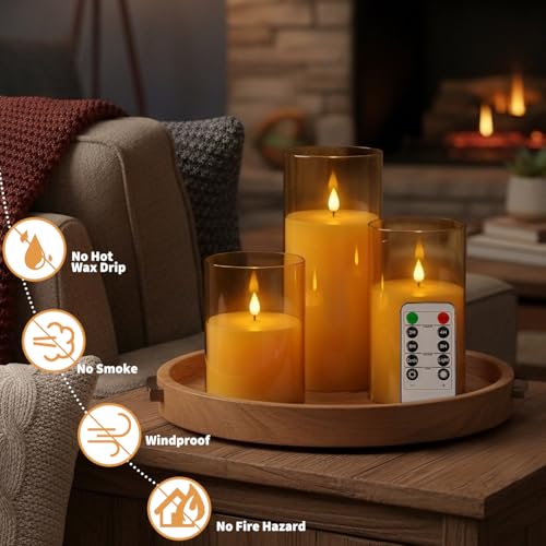 NICEME Flickering Flameless Candles with Remote Timer Unbreakable Acrylic Battery Operated LED Candles with Flickering Flame 3D Wick for Romantic Ambience Home Decor Set of 3, D3” xH4” 5” 6” Amber - color: Ivory + Amber Acrylic, size: D 3”×H 4”5”6”