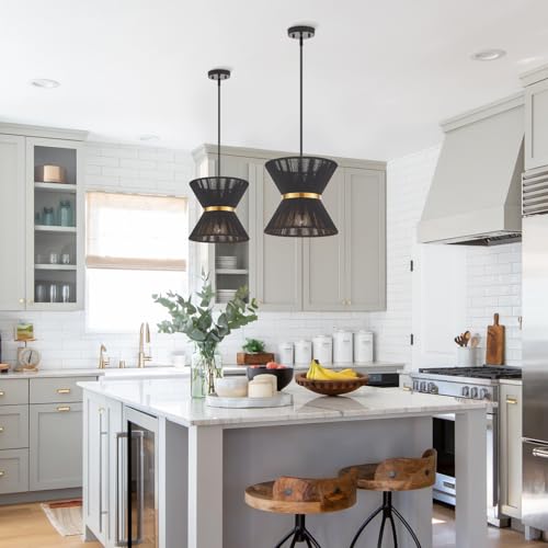 Hand Woven Boho Pendant Light Coastal Mini Modern Chandelier Adjustable Transitional Minimalist Pendant Lighting Fixtures for Kitchen Island Dining Room, Black, Dia 12.2”, UL Listed - color: 12" Black