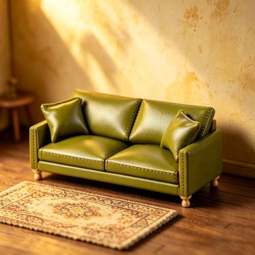 1:12 Dollhouse Leather Double Sofa&Pillows, Living Room Accessories Decor - color: Green