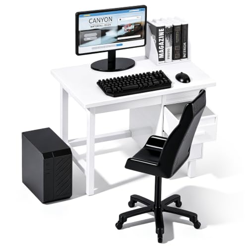 1:12 Scale Miniature Computer Desk & Chair Set – Dollhouse Office Furniture with Opening Drawers, Monitor, Keyboard, Mouse, PC Tower & Office Chair – Mini Workstation for Diorama, Roombox & Collectors - color: White Desk