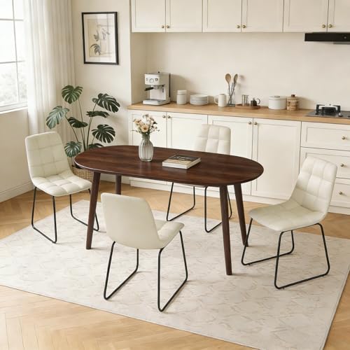 63" Oval Dining Table Set for 4 with Solid Wood Legs - color: Walnut Table C-beige Chairs