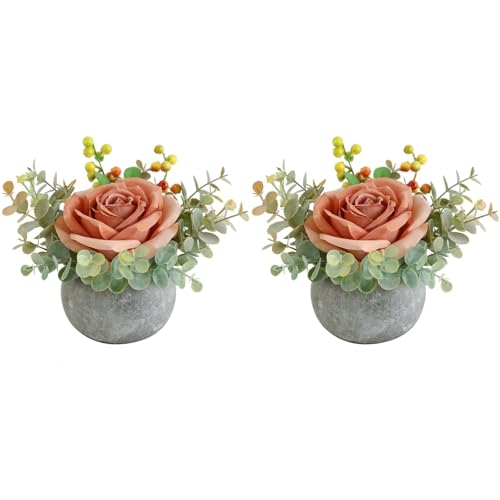Small Artificial Orange Rose Potted Plant, 2 Pcs Mini Faux Decor - color: 2pcs Orange