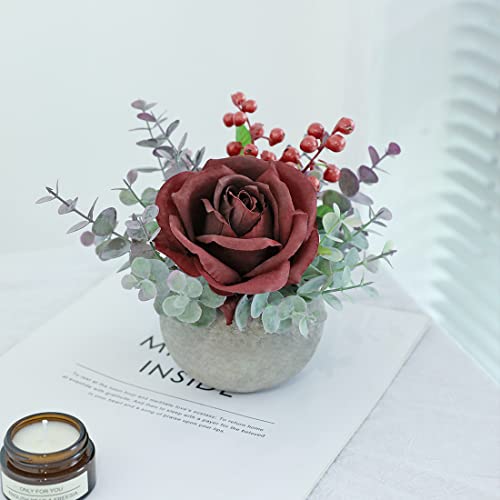 Small Artificial Burgundy Rose Potted Plant, Mini Faux Floral Decor - color: Burgundy