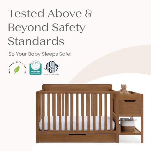 Delta Children Maya 5-in-1 Convertible Crib and Changer with Storage, Converts to Toddler Bed, Daybed, Sofa & Full Bed, Greenguard Gold Certified, 3 Mattress Heights for Baby, Chestnut - color: Chestnut
